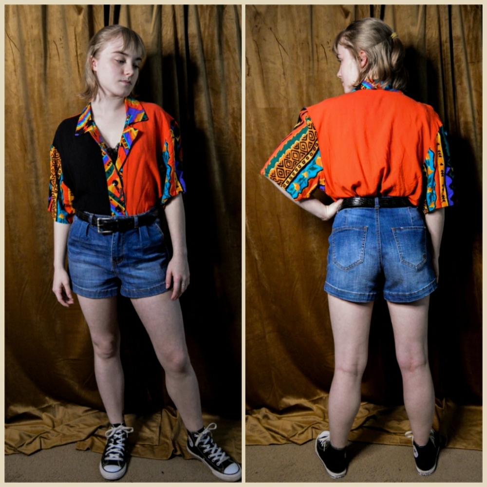 Color Blocked Funky Printed Collared Button-Up